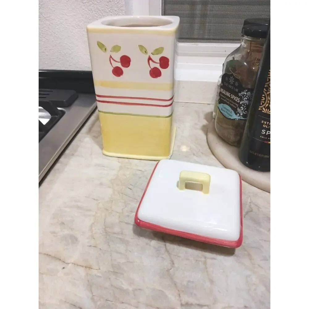 RARE Yellow Red Cherries Clay Canister Art Sonoma Ceramic 8